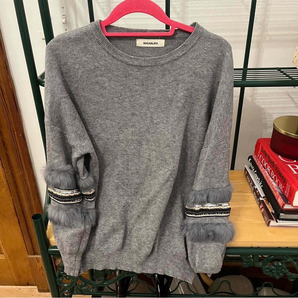Sugar lips grey sweater embroidered furry decorative sleeves size Medium